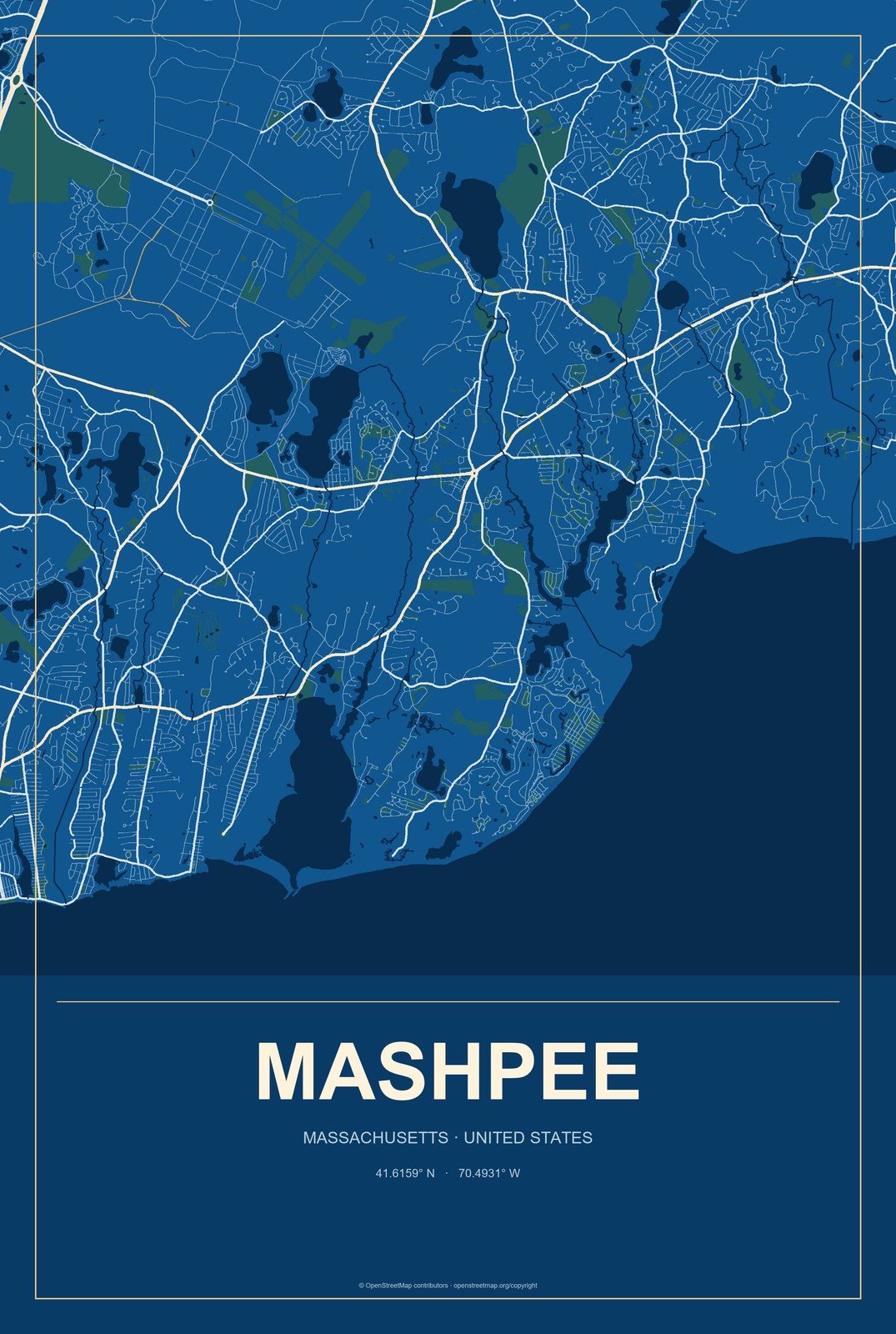 Mashpee, Massachusetts City Map Aluminum Sign in Harbor Cobalt style