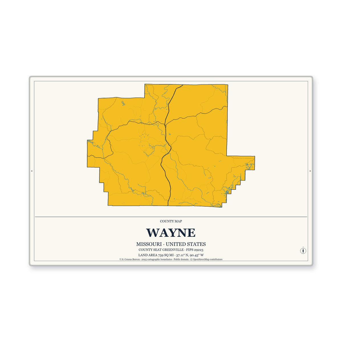 Wayne County, Missouri Map Aluminum Sign in Citrine Modern style