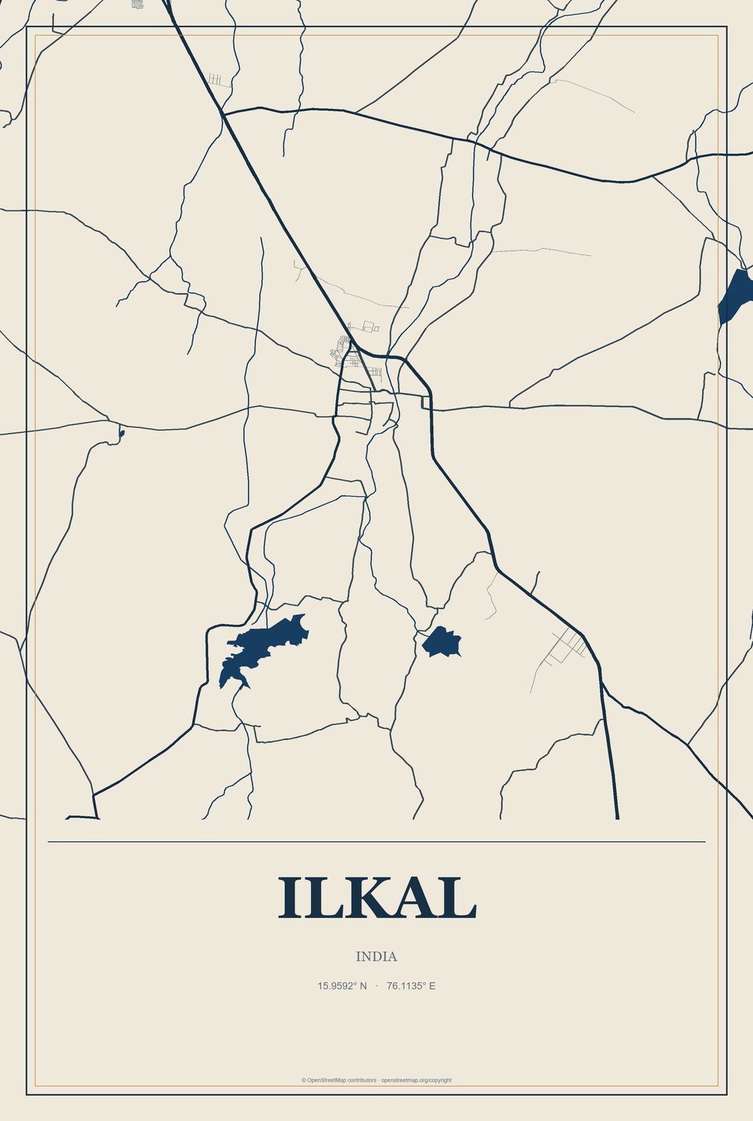 Ilkal, India City Map Aluminum Sign in Coastal Cutout style