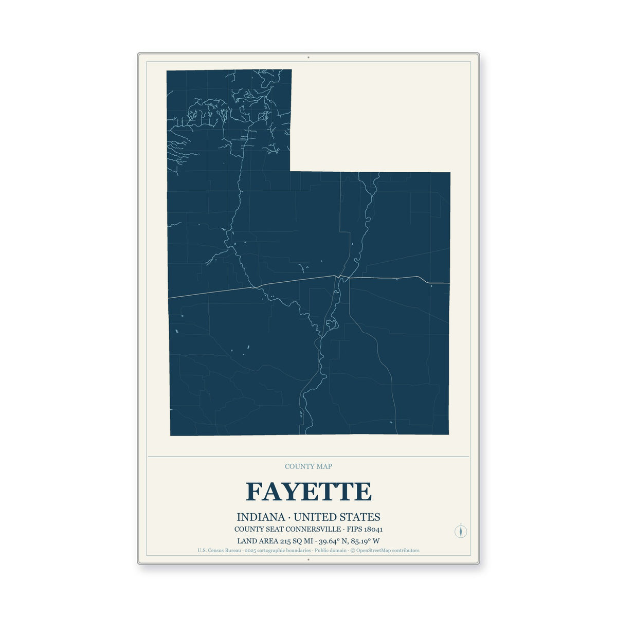 Fayette County, Indiana Map Aluminum Sign in Coastal Cutout style