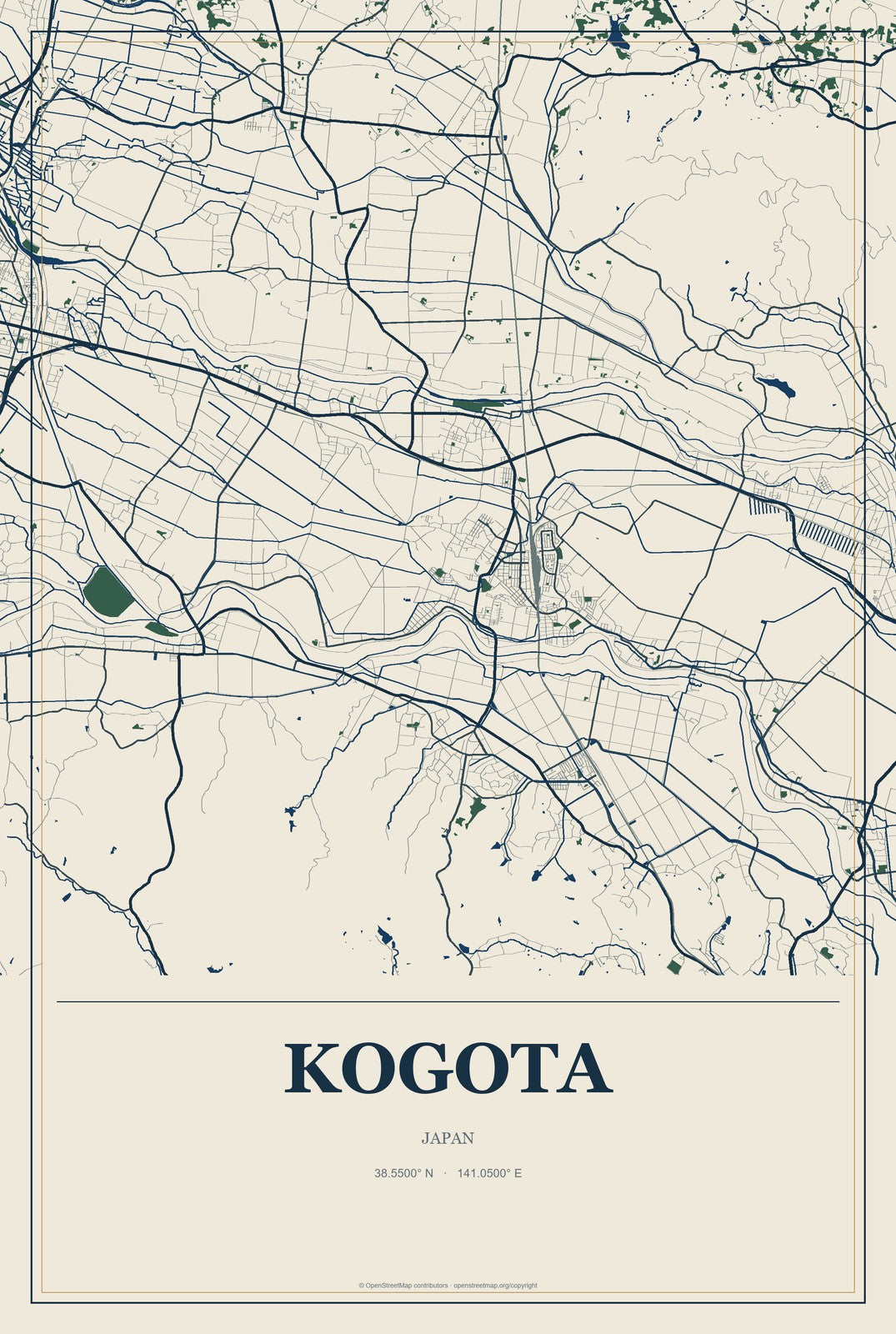 Kogota, Japan City Map Aluminum Sign in Coastal Cutout style