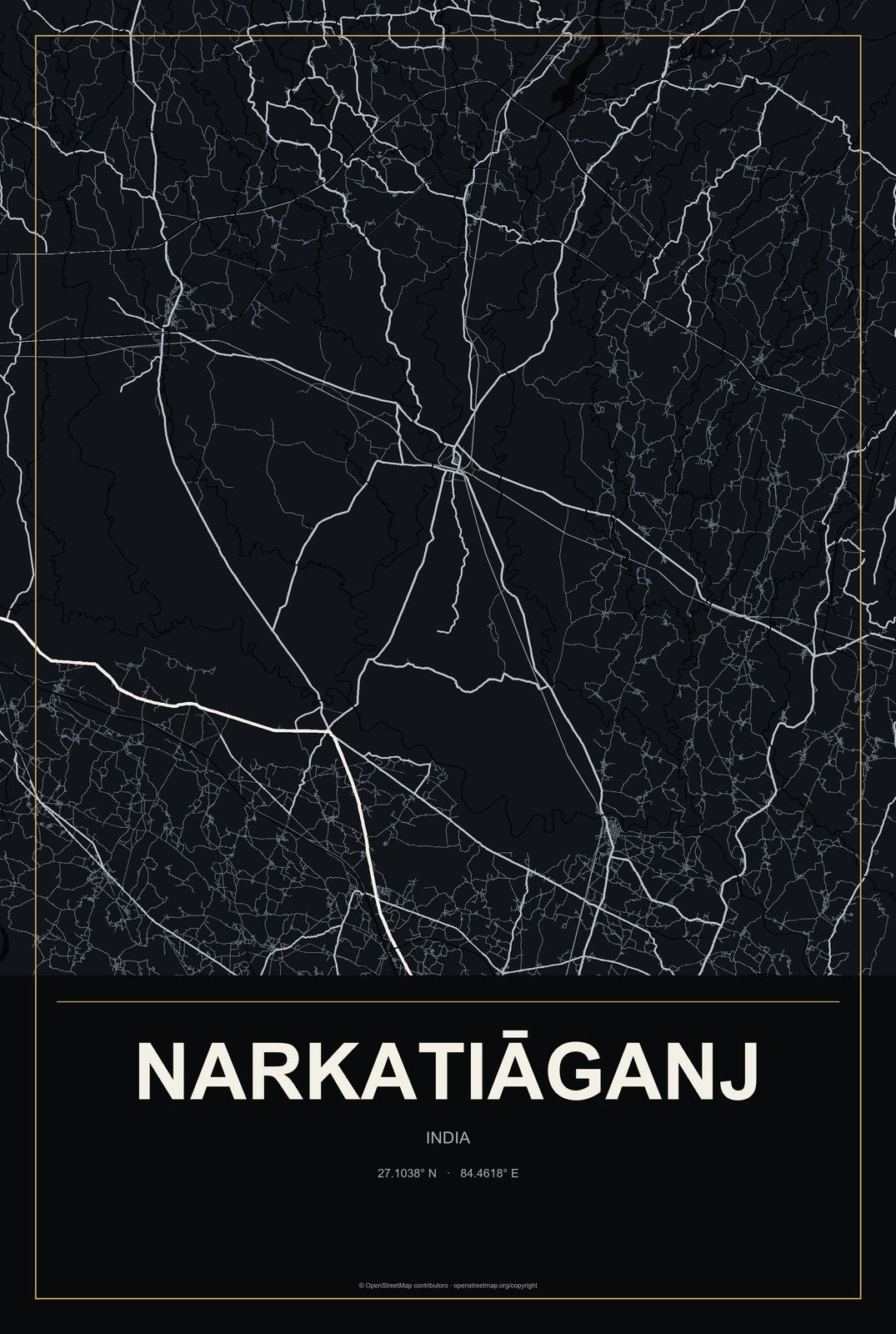 Narkatiāganj, India City Map Aluminum Sign in Metropolitan Noir style