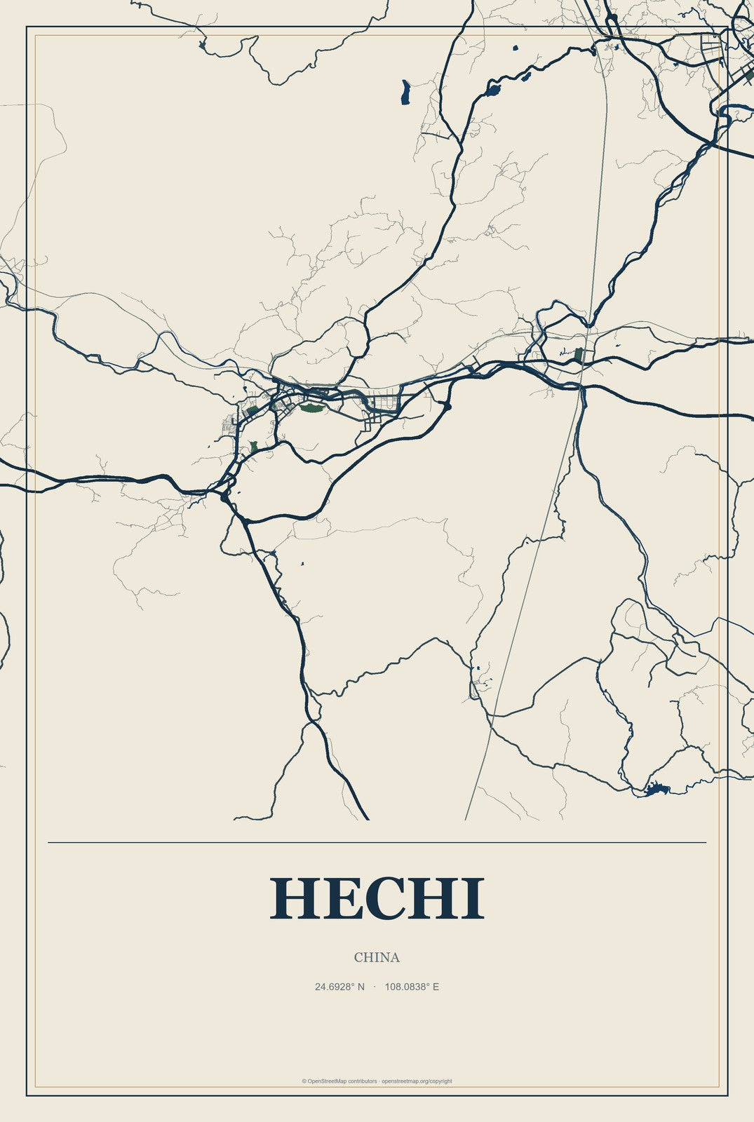 Hechi, China City Map Aluminum Sign in Coastal Cutout style