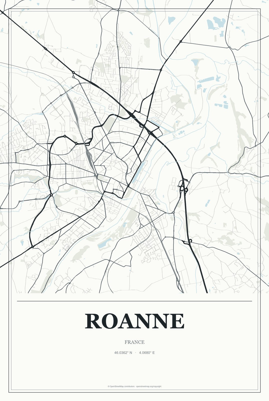 Roanne, France City Map Aluminum Sign in Gallery Air style