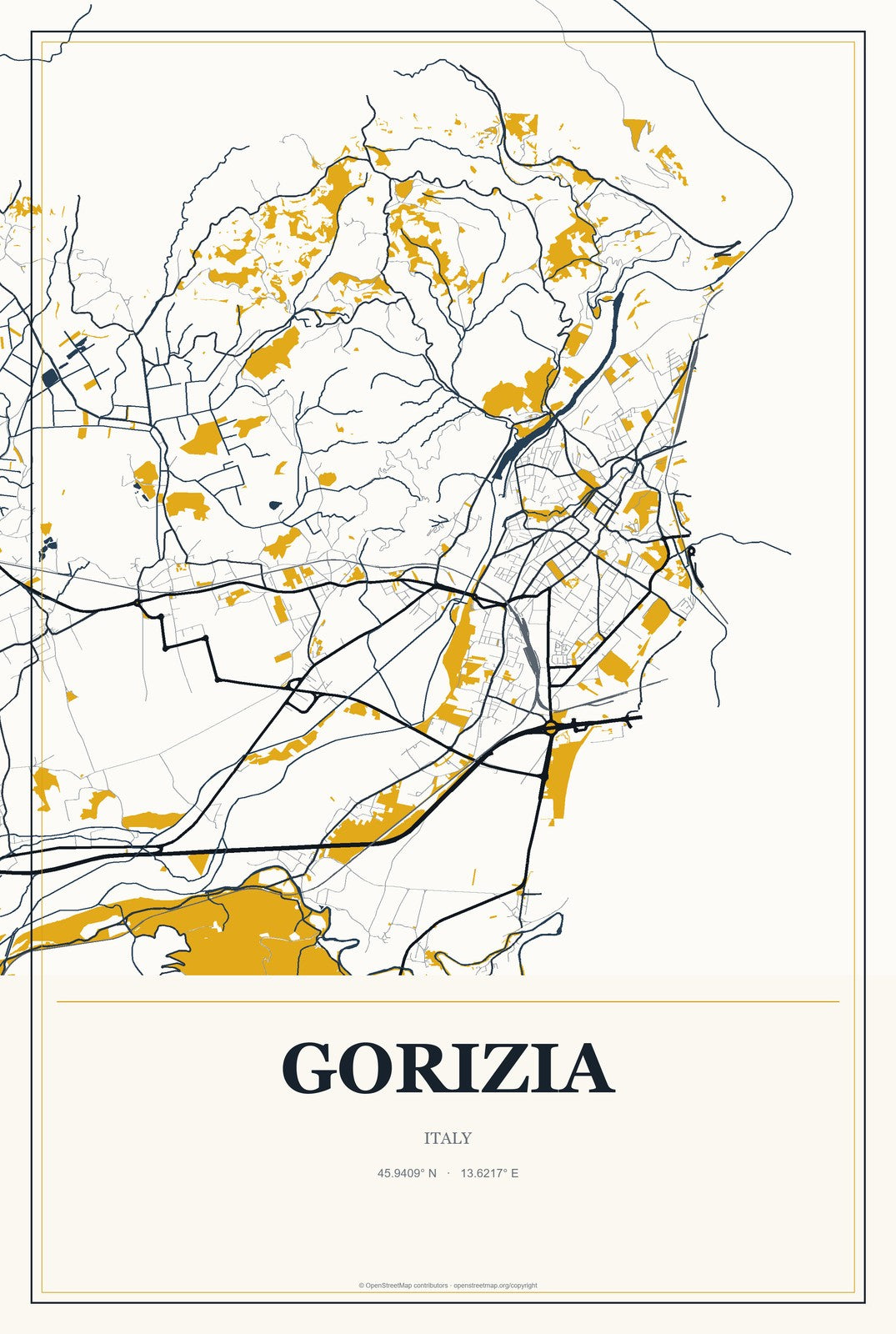 Gorizia, Italy City Map Aluminum Sign in Citrine Modern style