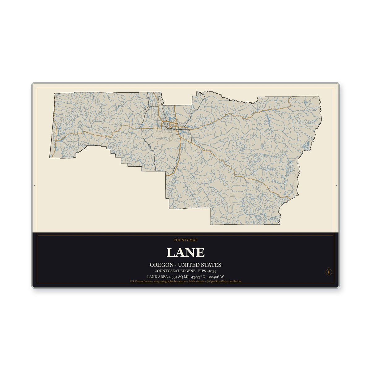 Lane County, Oregon Map Aluminum Sign in Museum Plaque style