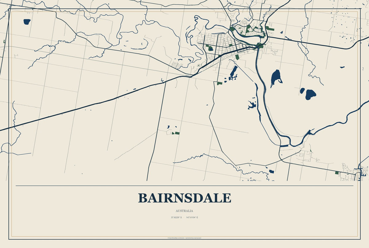 Bairnsdale, Australia City Map Aluminum Sign in Coastal Cutout style