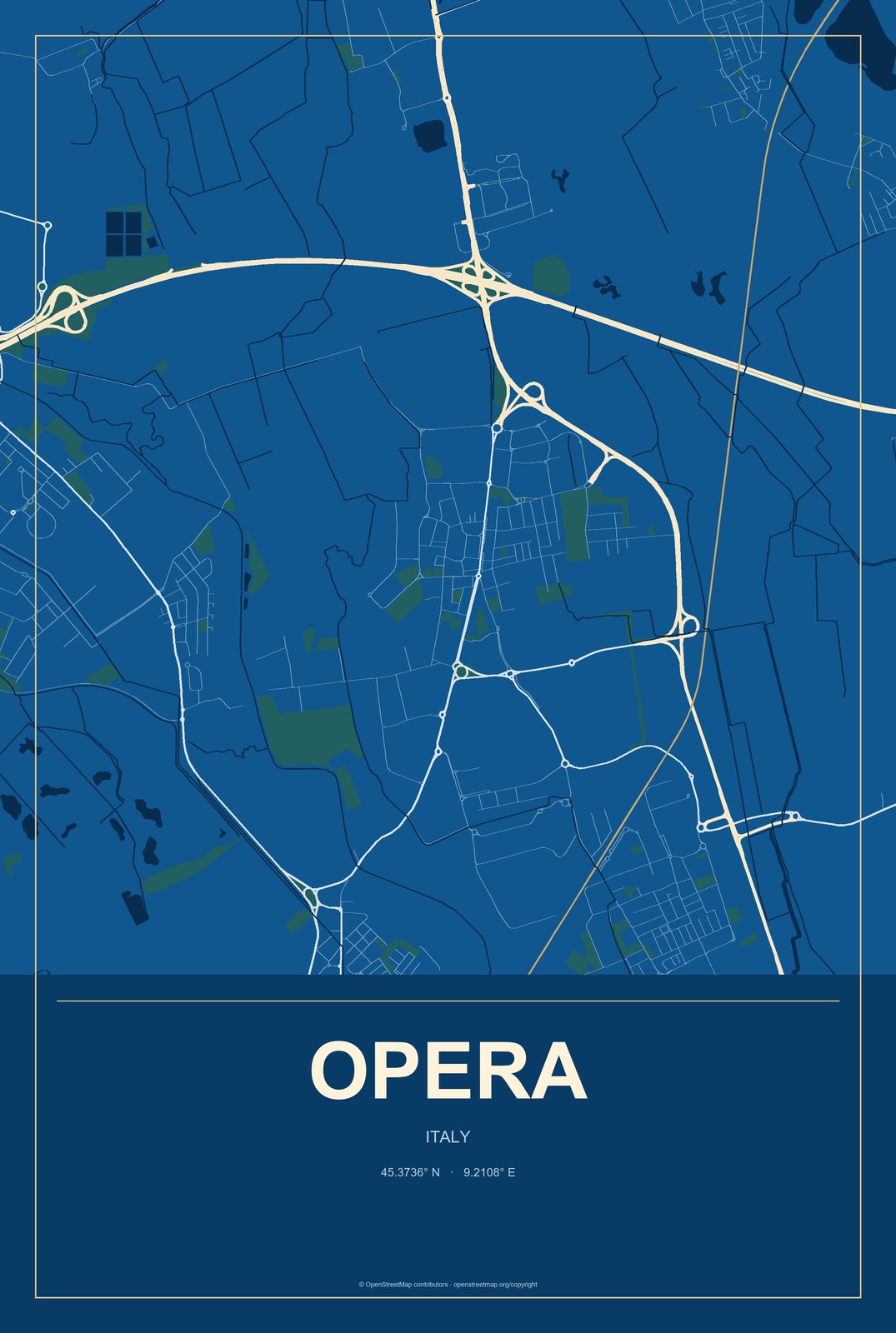 Opera, Italy City Map Aluminum Sign in Harbor Cobalt style