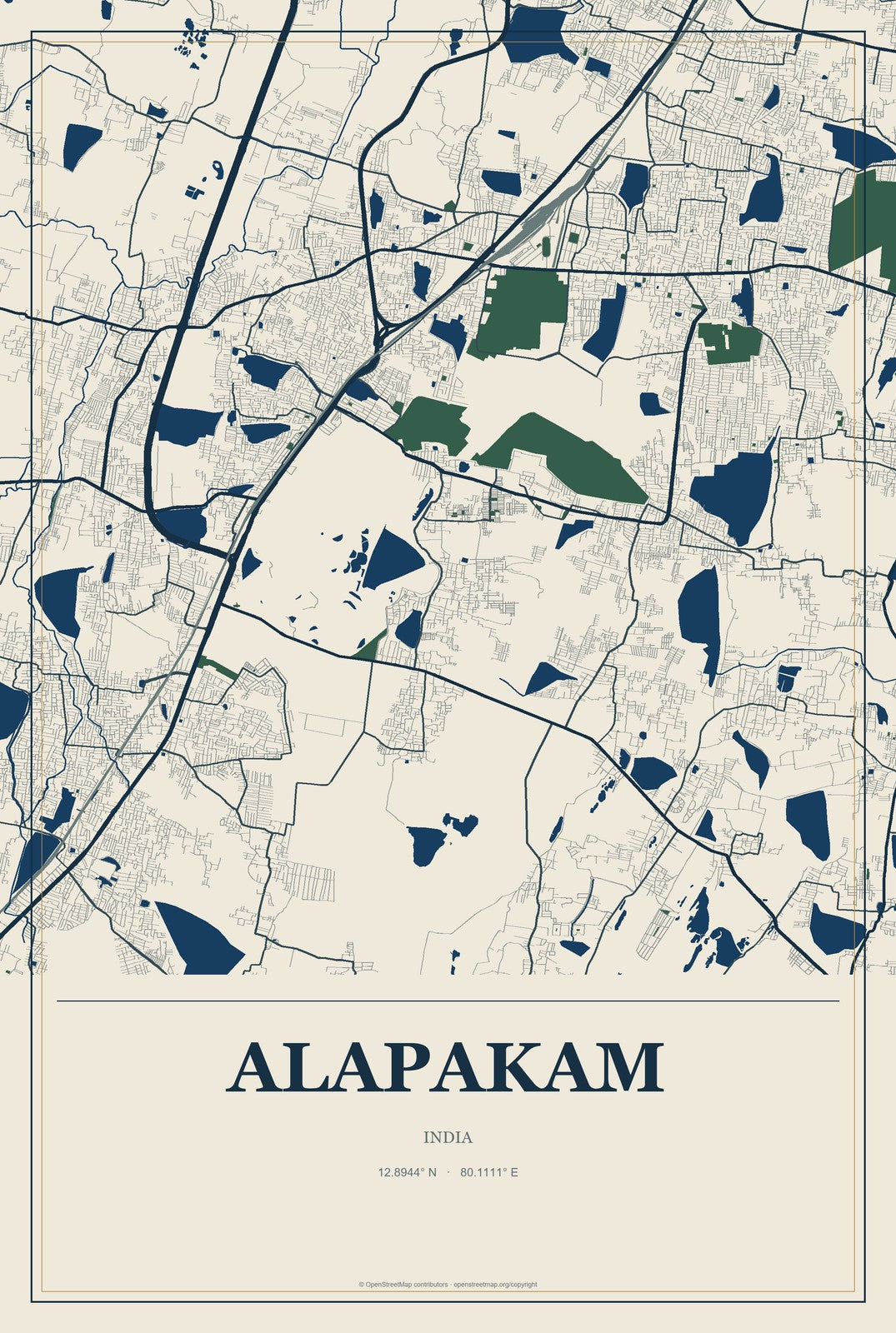 Alapakam, India City Map Aluminum Sign in Coastal Cutout style