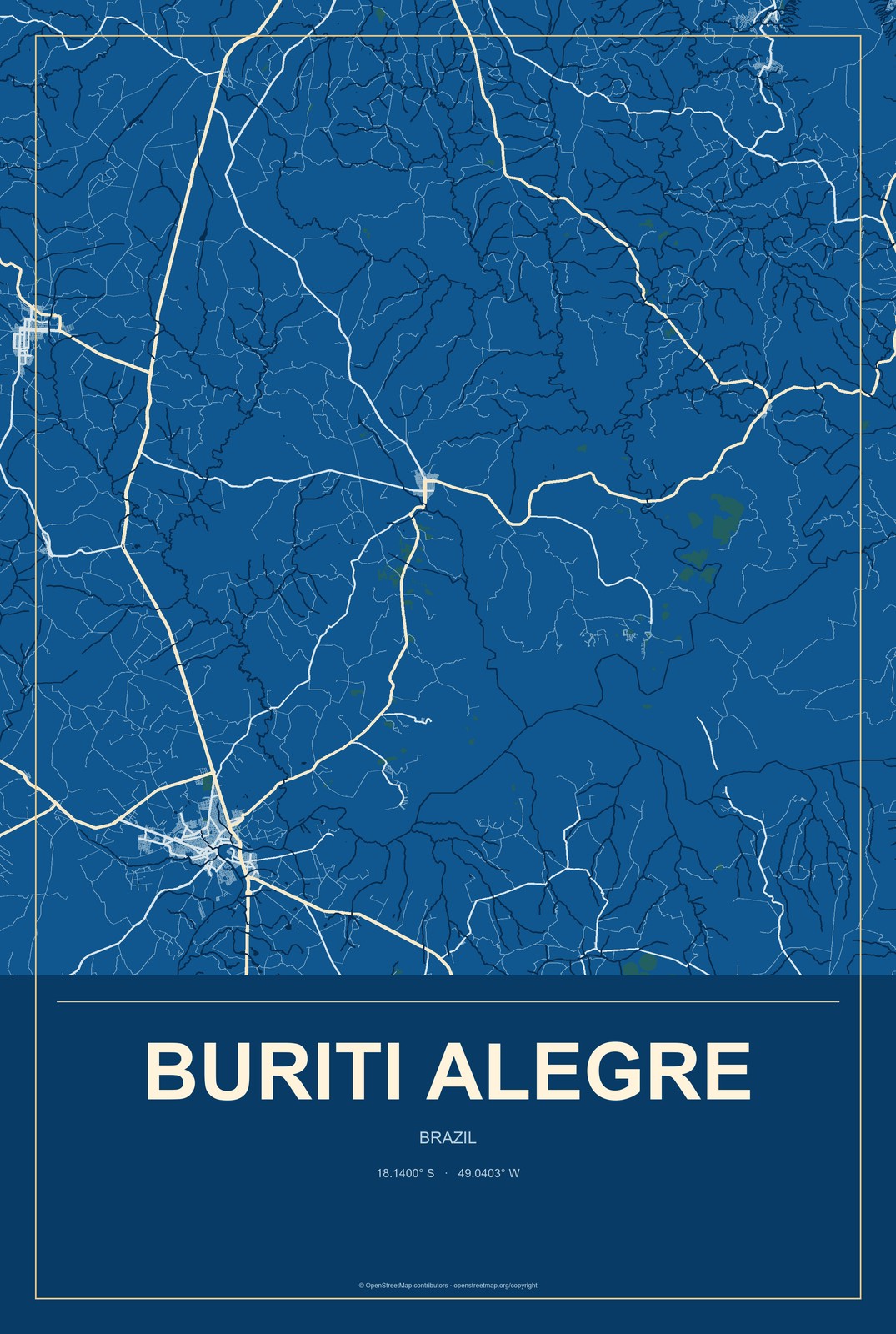 Buriti Alegre, Brazil City Map Aluminum Sign in Harbor Cobalt style