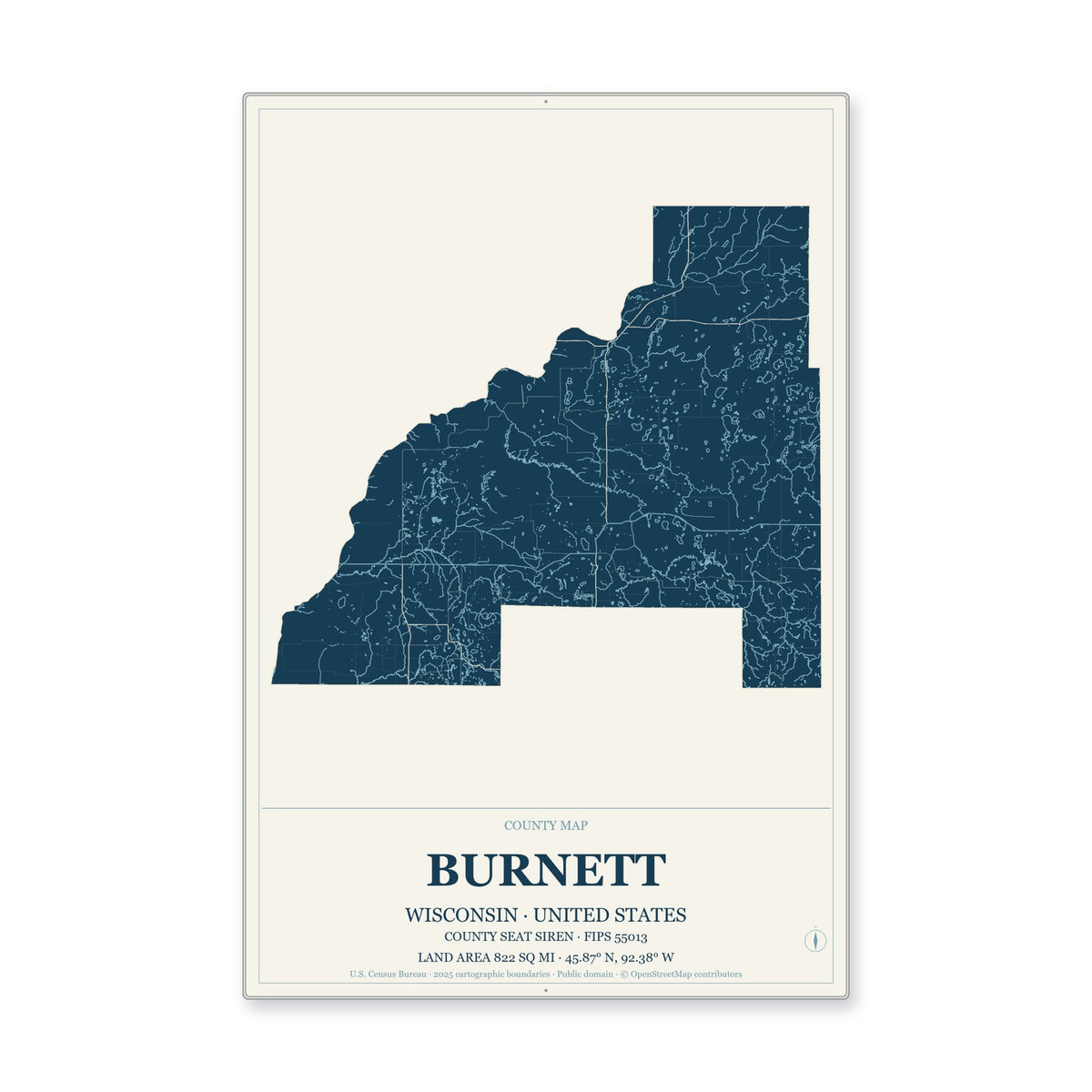 Burnett County, Wisconsin Map Aluminum Sign in Coastal Cutout style