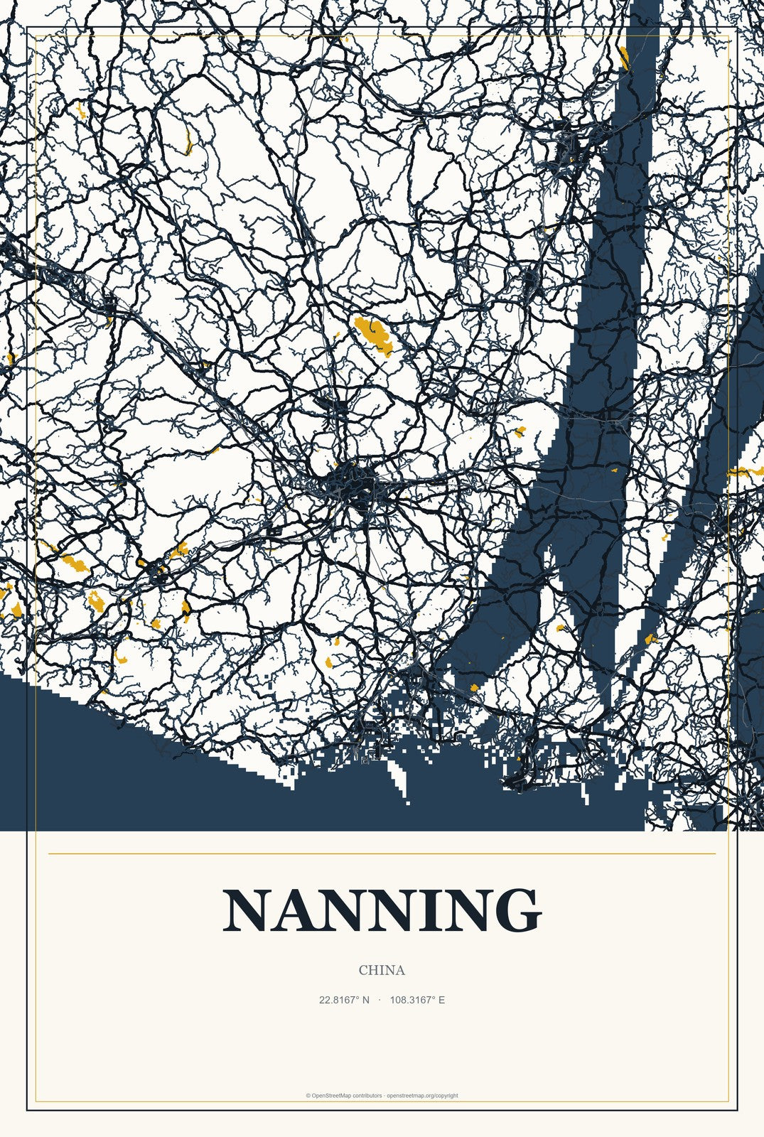 Nanning, China City Map Aluminum Sign in Citrine Modern style