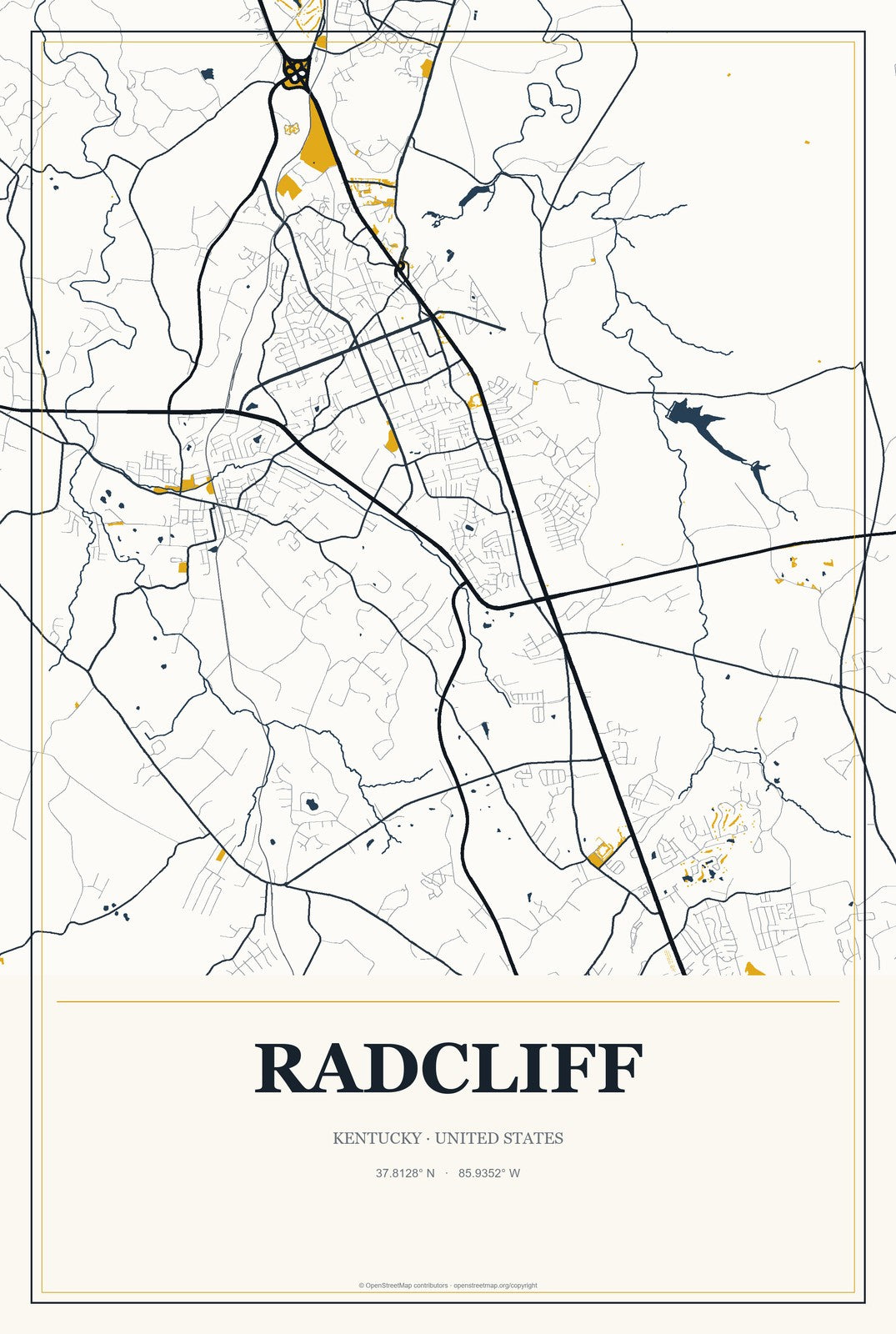 Radcliff, Kentucky City Map Aluminum Sign in Citrine Modern style