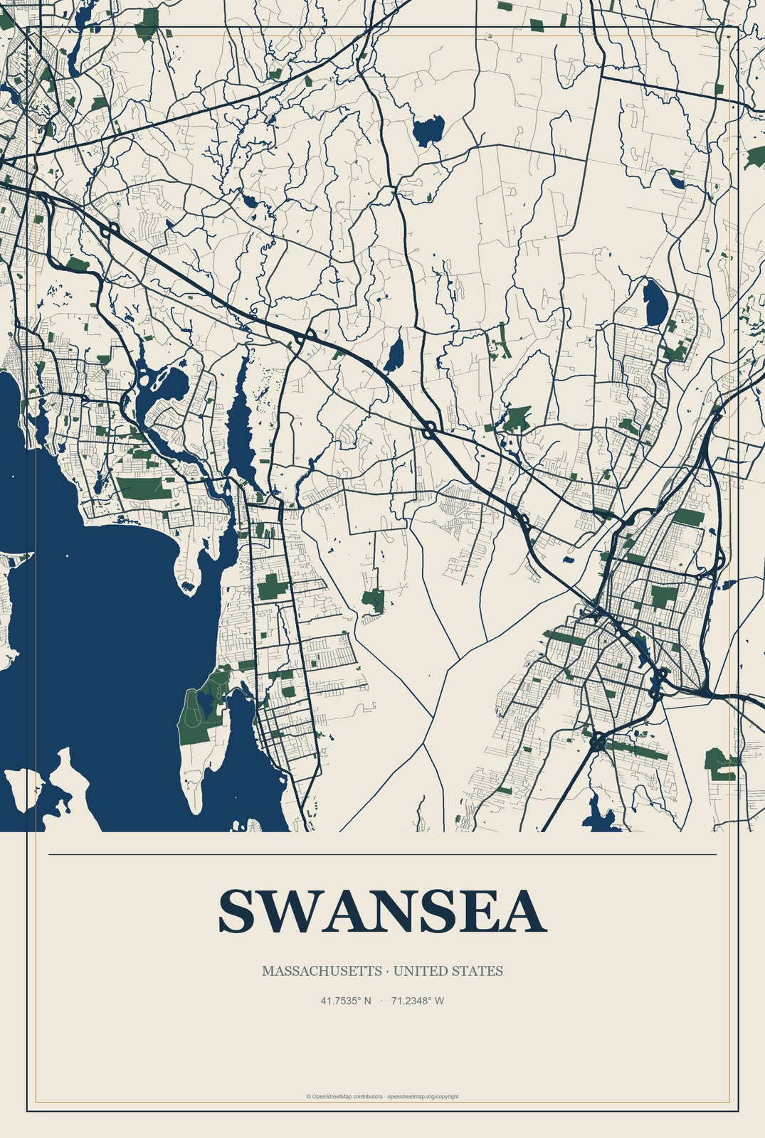 Swansea, Massachusetts City Map Aluminum Sign in Coastal Cutout style