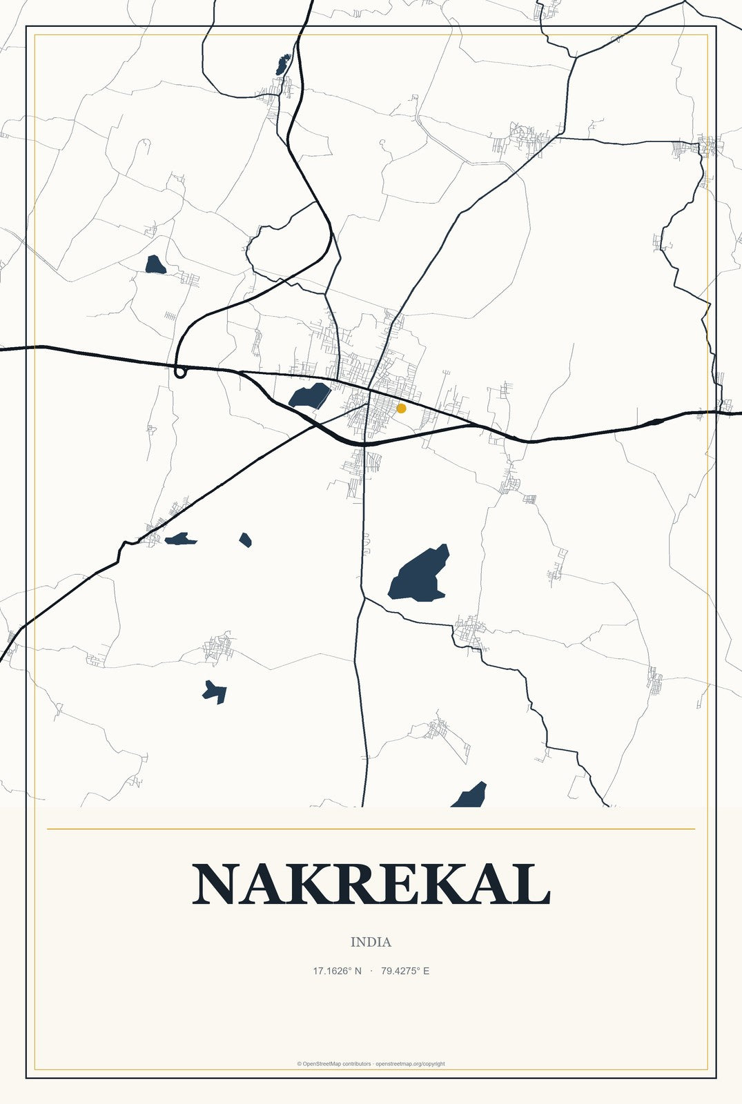 Nakrekal, India City Map Aluminum Sign in Citrine Modern style