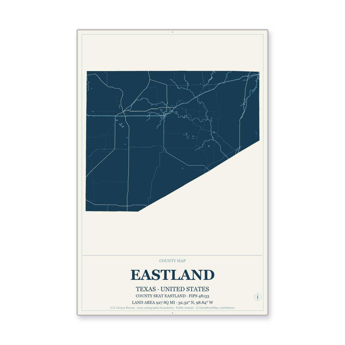 Eastland County, Texas Map Aluminum Sign in Coastal Cutout style