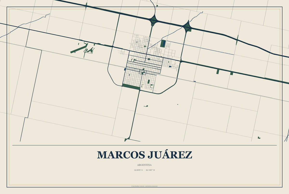 Marcos Juárez, Argentina City Map Aluminum Sign in Coastal Cutout style