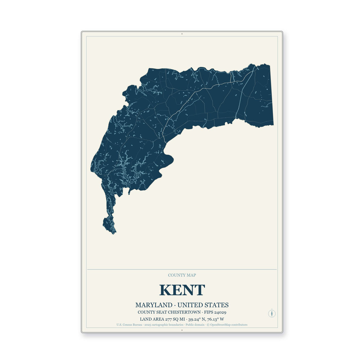 Kent County, Maryland Map Aluminum Sign in Coastal Cutout style