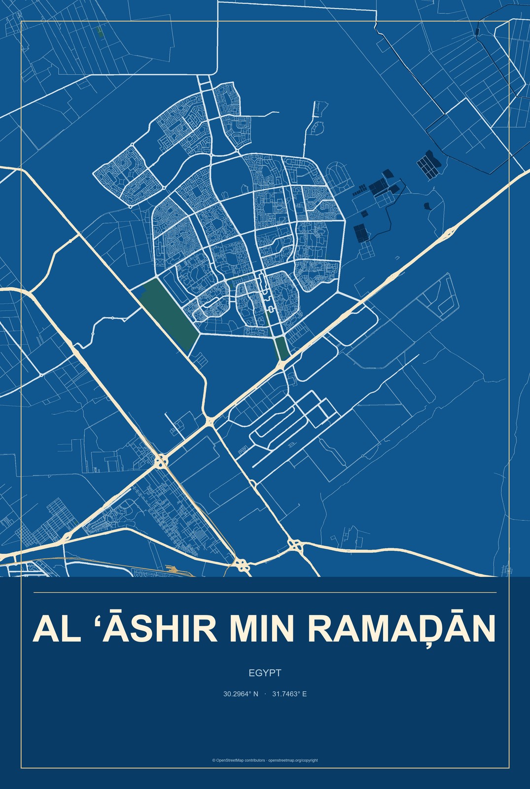 Al ‘Āshir min Ramaḑān, Egypt City Map Aluminum Sign in Harbor Cobalt style