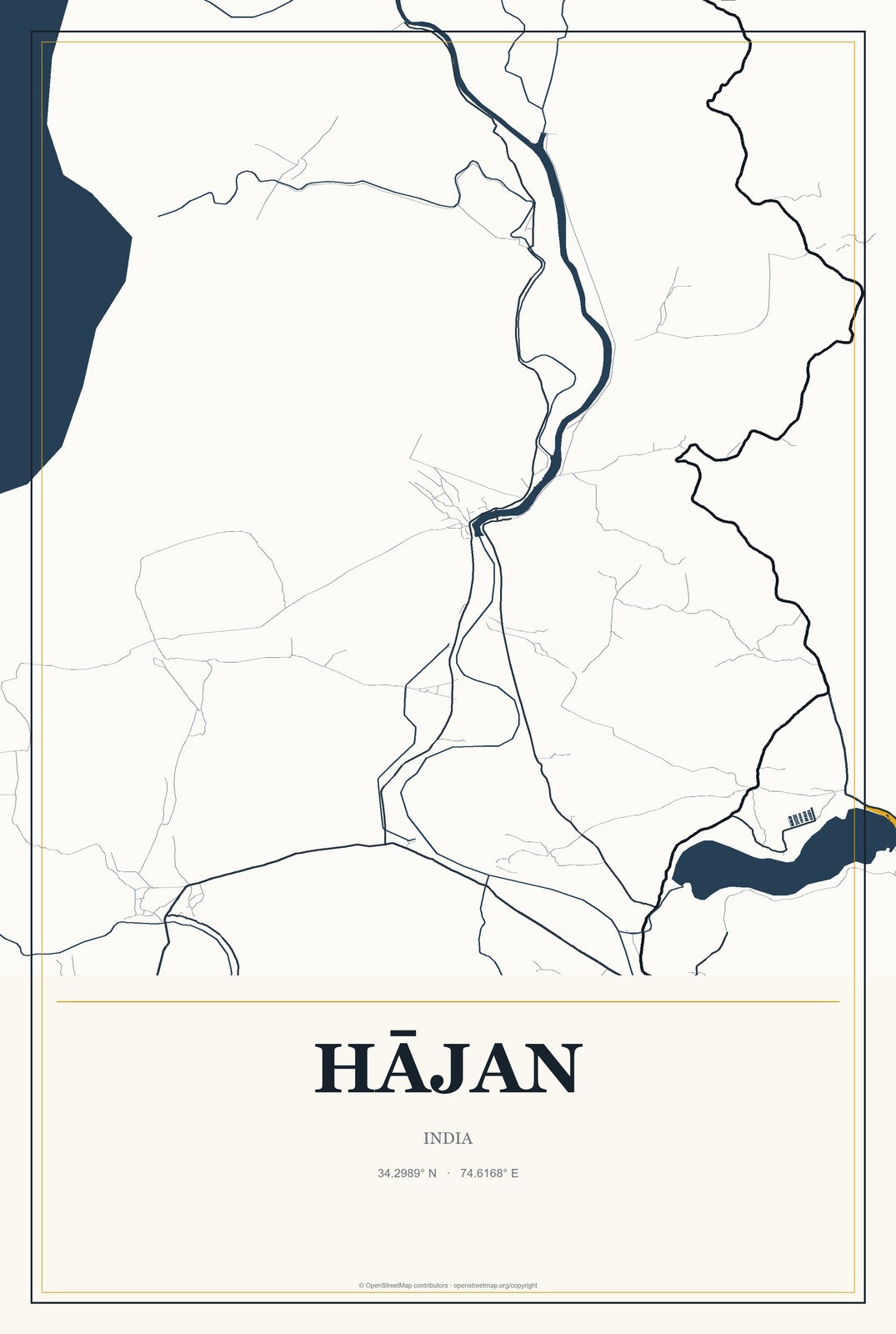 Hājan, India City Map Aluminum Sign in Citrine Modern style