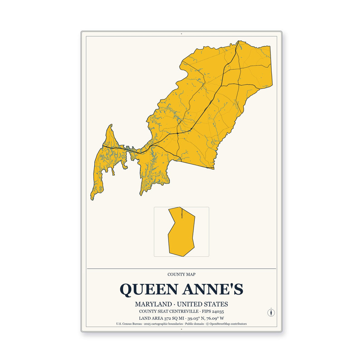 Queen Anne's County, Maryland Map Aluminum Sign in Citrine Modern style