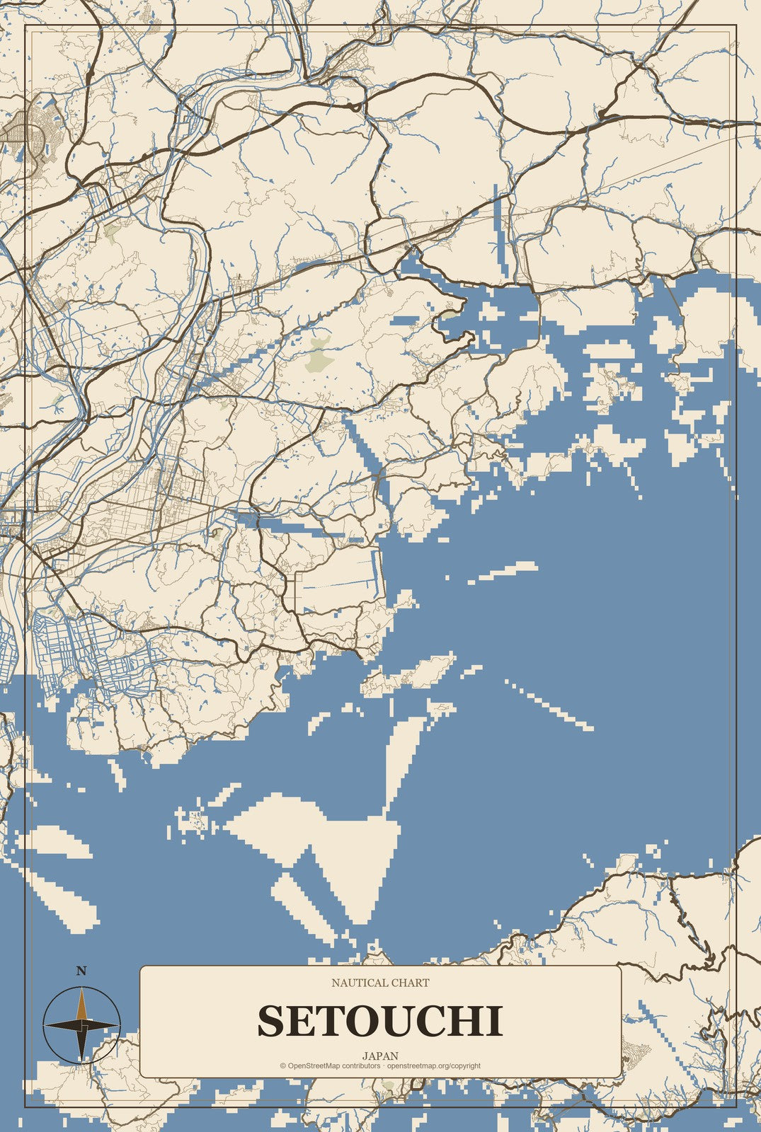 Setouchi, Japan City Map Aluminum Sign in Heritage Nautical style