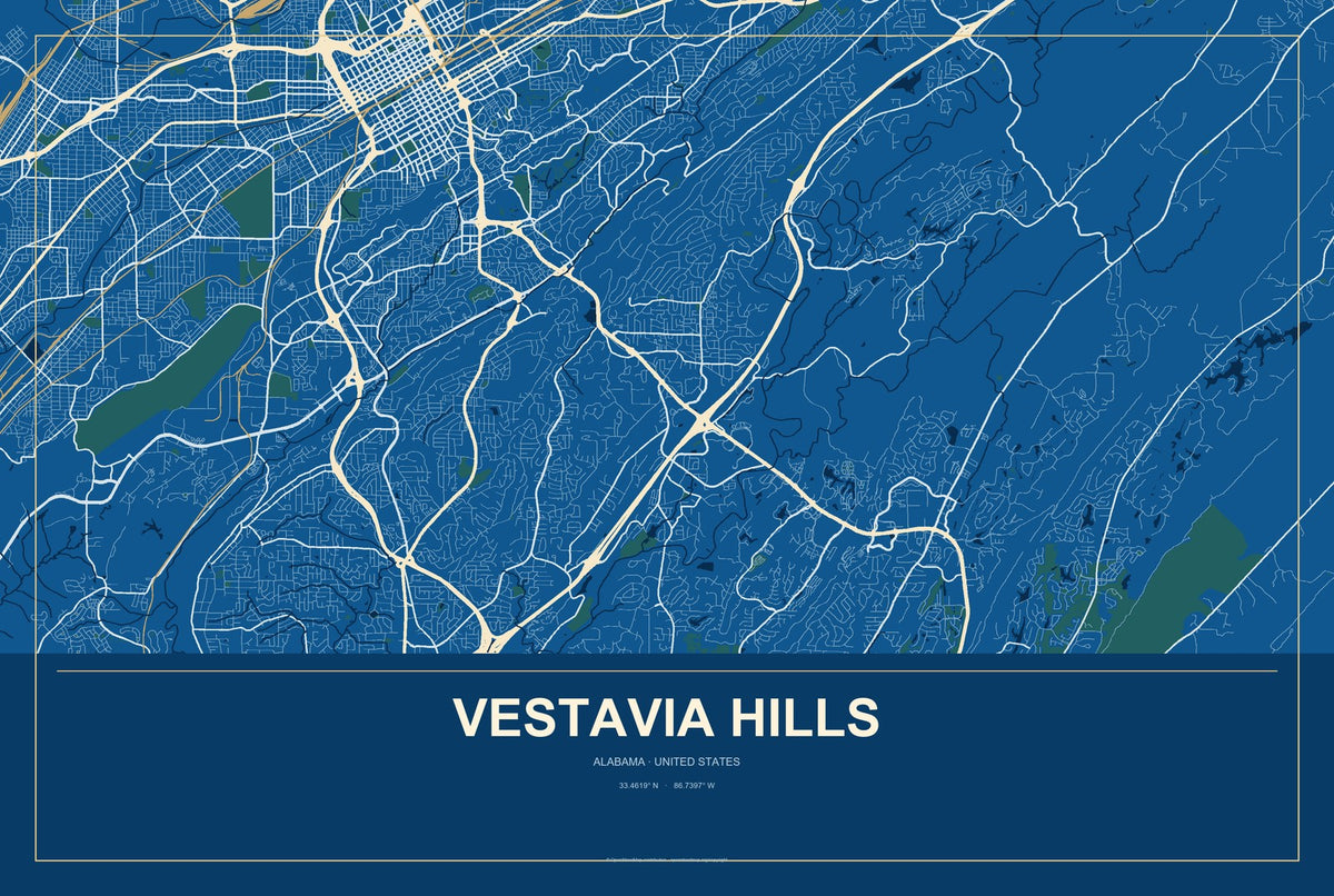 Vestavia Hills, Alabama City Map Aluminum Sign in Harbor Cobalt style