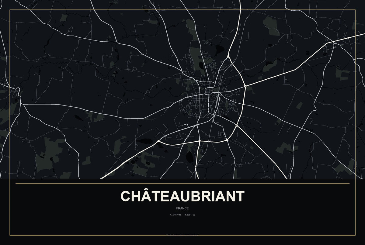 Châteaubriant, France City Map Aluminum Sign in Metropolitan Noir style