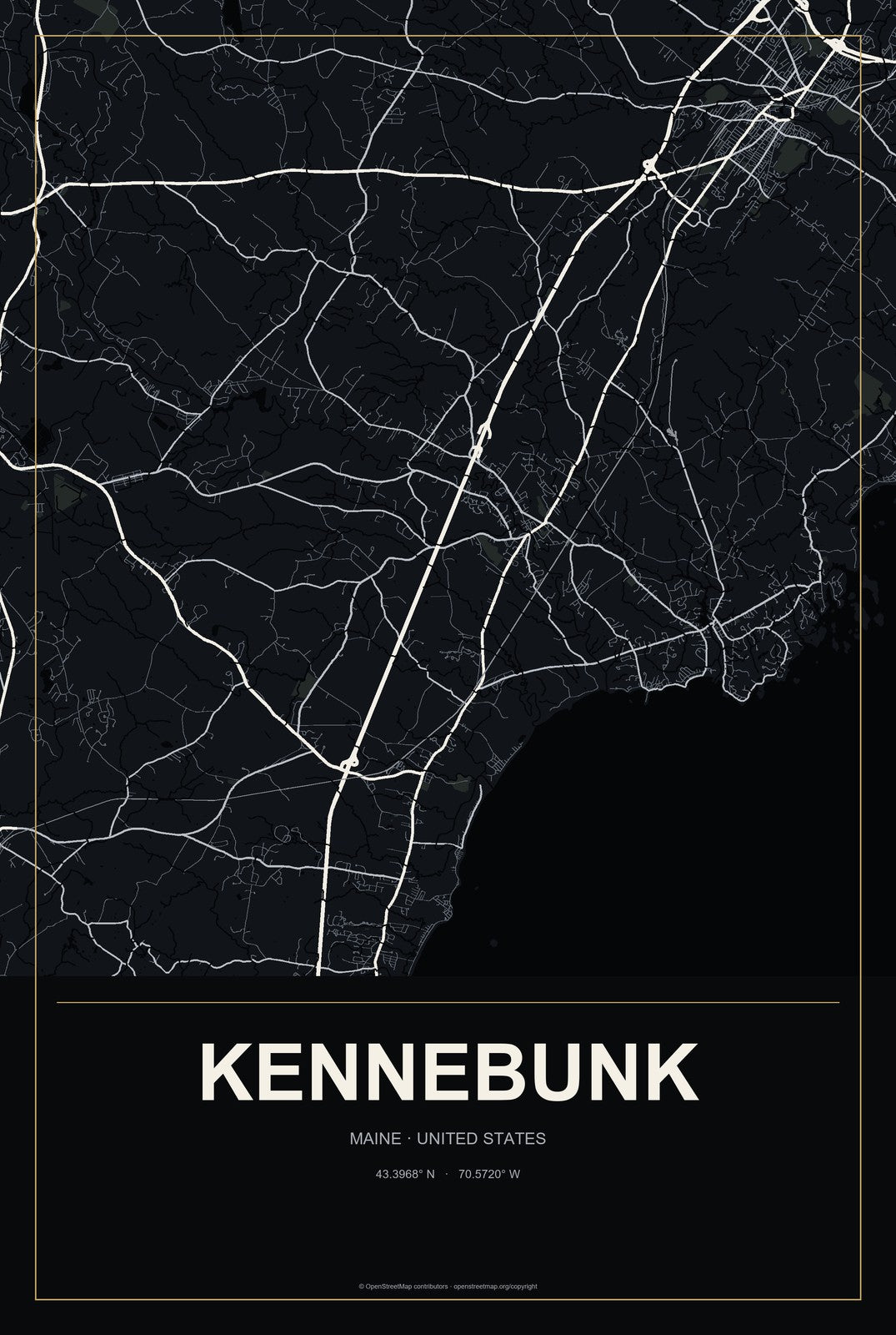 Kennebunk, Maine City Map Aluminum Sign in Metropolitan Noir style