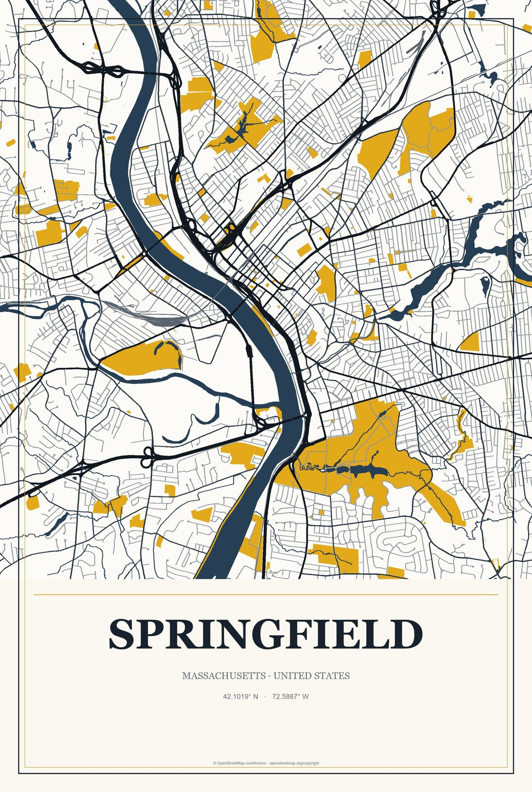Springfield, Massachusetts City Map Aluminum Sign in Citrine Modern style