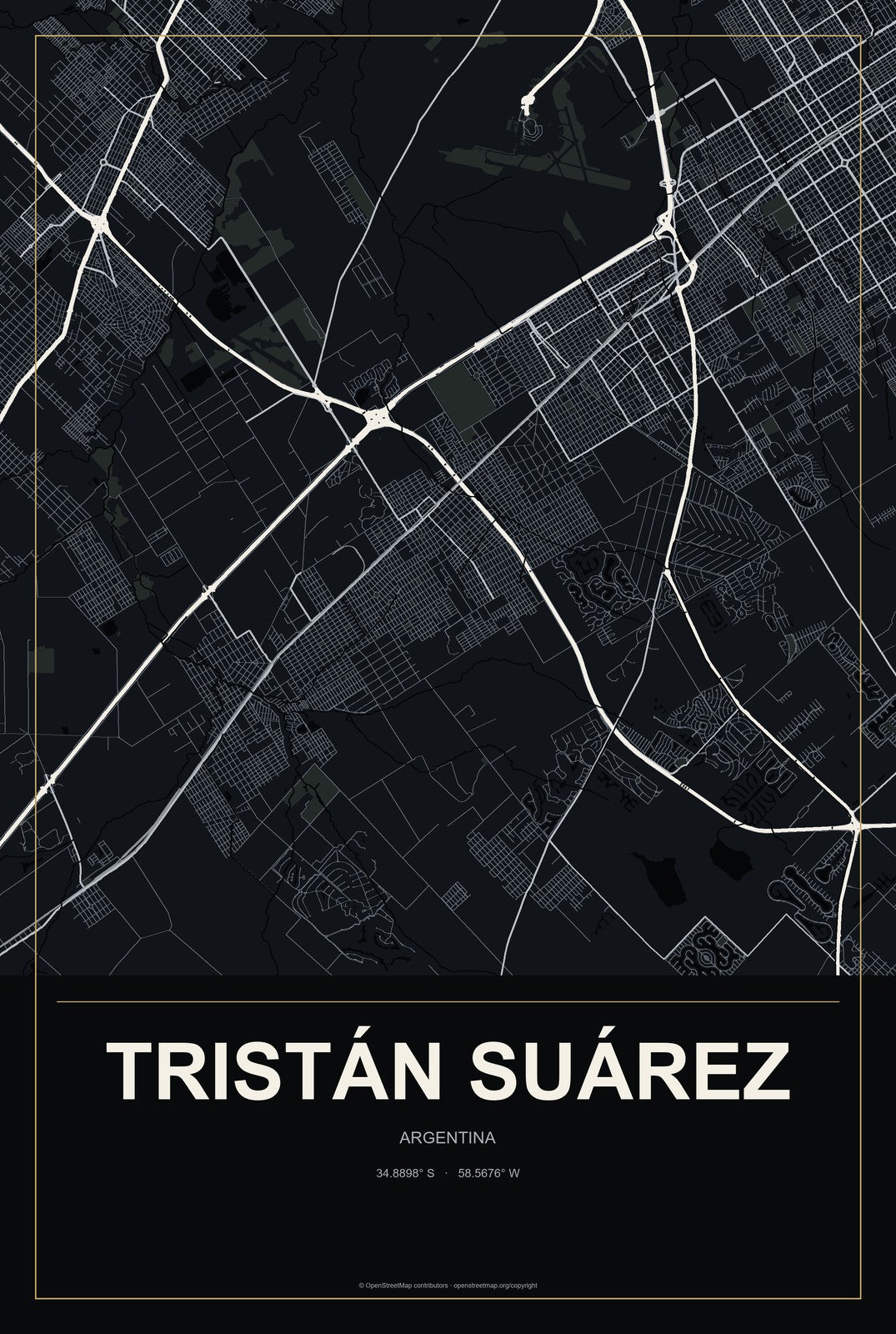 Tristán Suárez, Argentina City Map Aluminum Sign in Metropolitan Noir style
