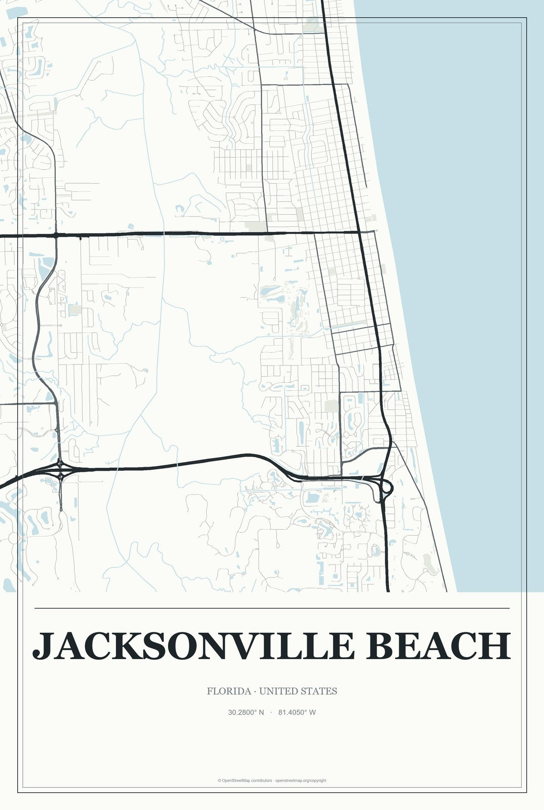 Jacksonville Beach, Florida City Map Aluminum Sign in Gallery Air style