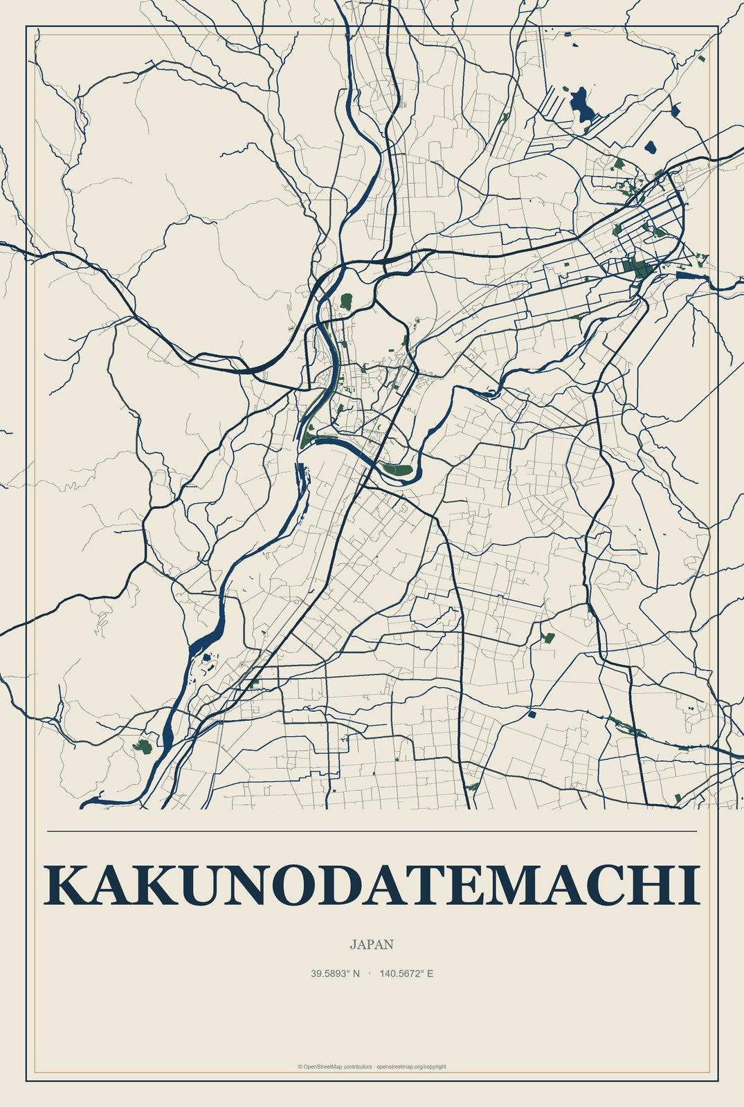 Kakunodatemachi, Japan City Map Aluminum Sign in Coastal Cutout style
