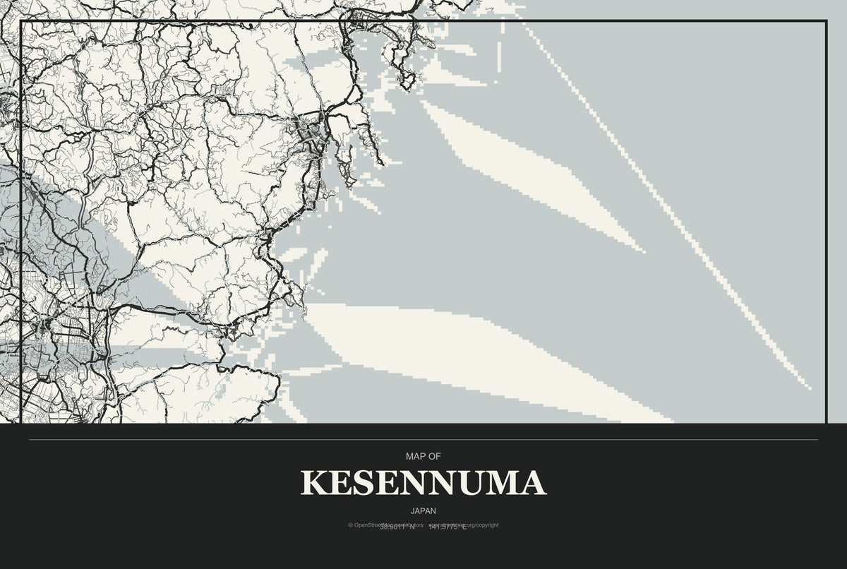 Kesennuma, Japan City Map Aluminum Sign in Museum Plaque style