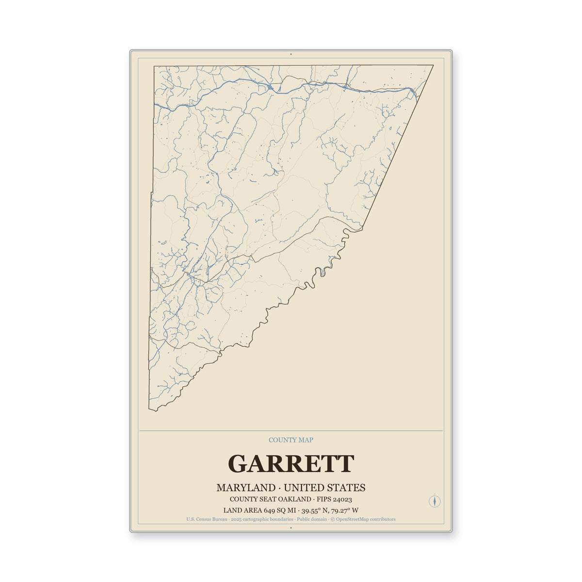 Garrett County, Maryland Map Aluminum Sign in Heritage Nautical style