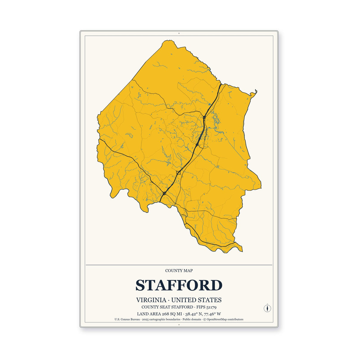 Stafford County, Virginia Map Aluminum Sign in Citrine Modern style