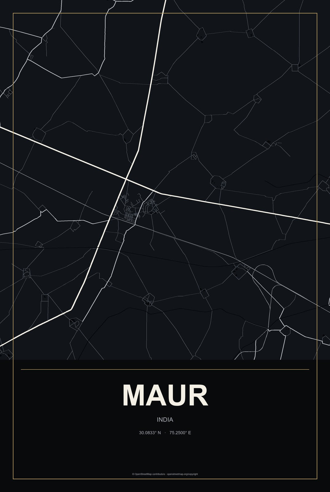 Maur, India City Map Aluminum Sign in Metropolitan Noir style