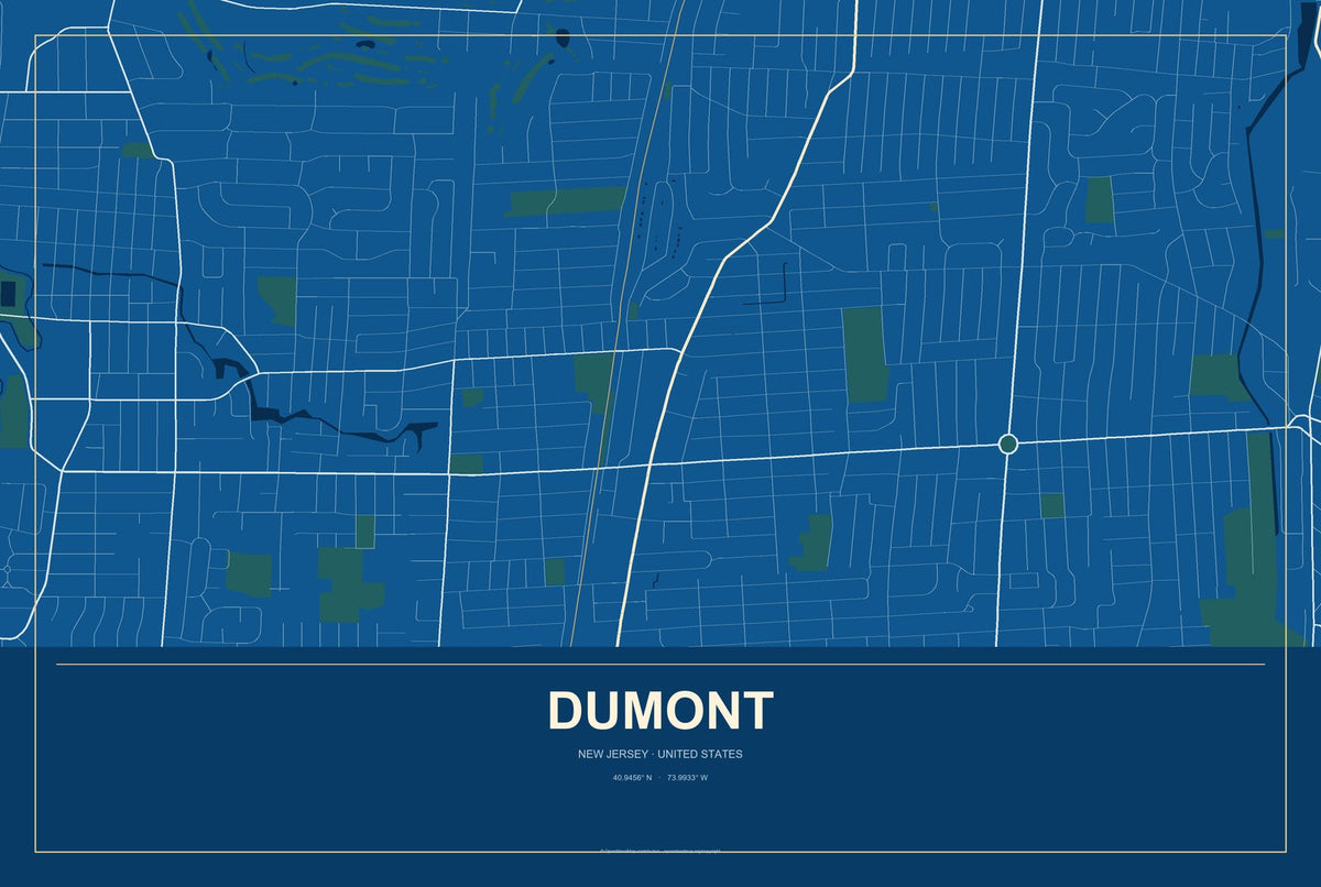 Dumont, New Jersey City Map Aluminum Sign in Harbor Cobalt style