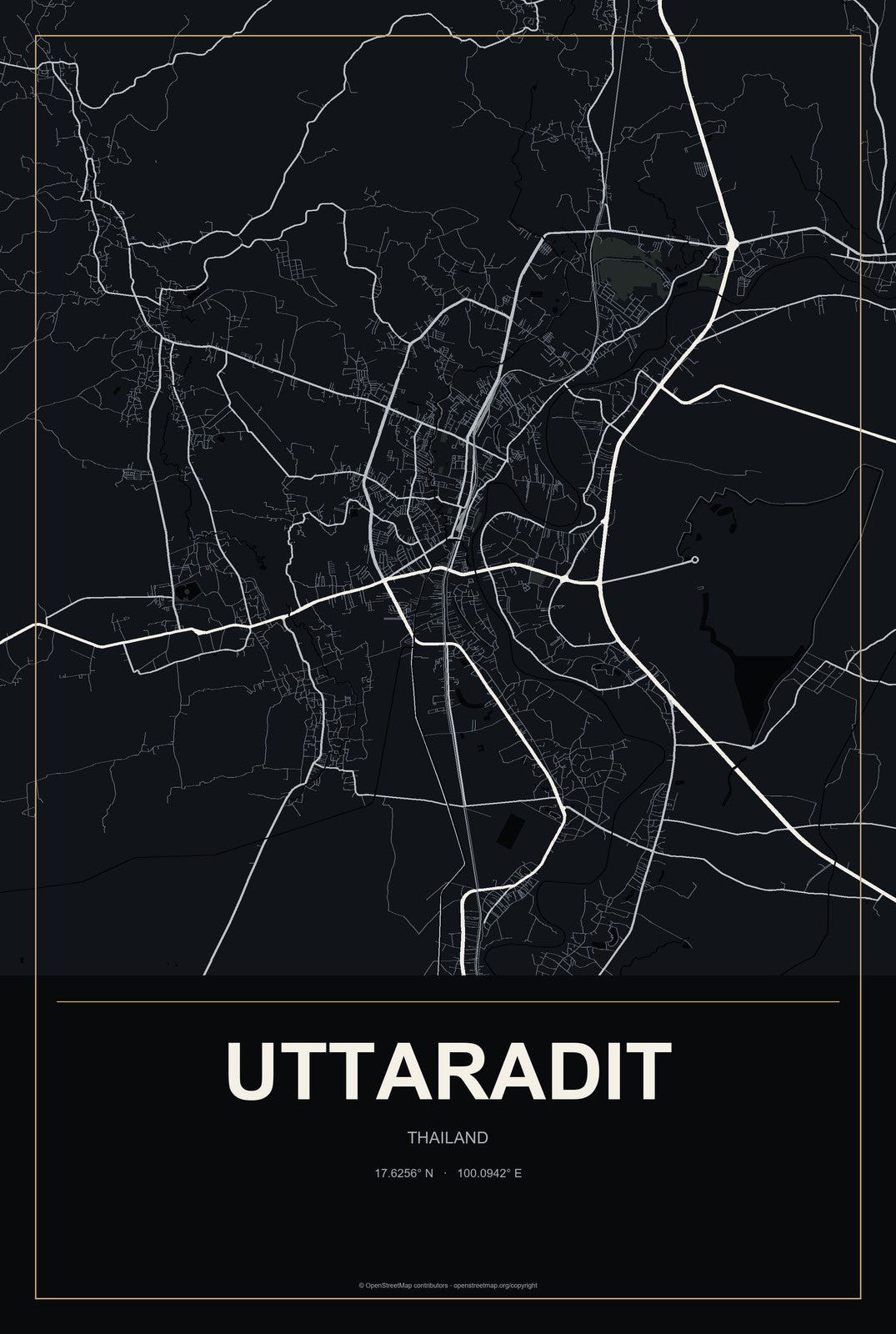 Uttaradit, Thailand City Map Aluminum Sign in Metropolitan Noir style