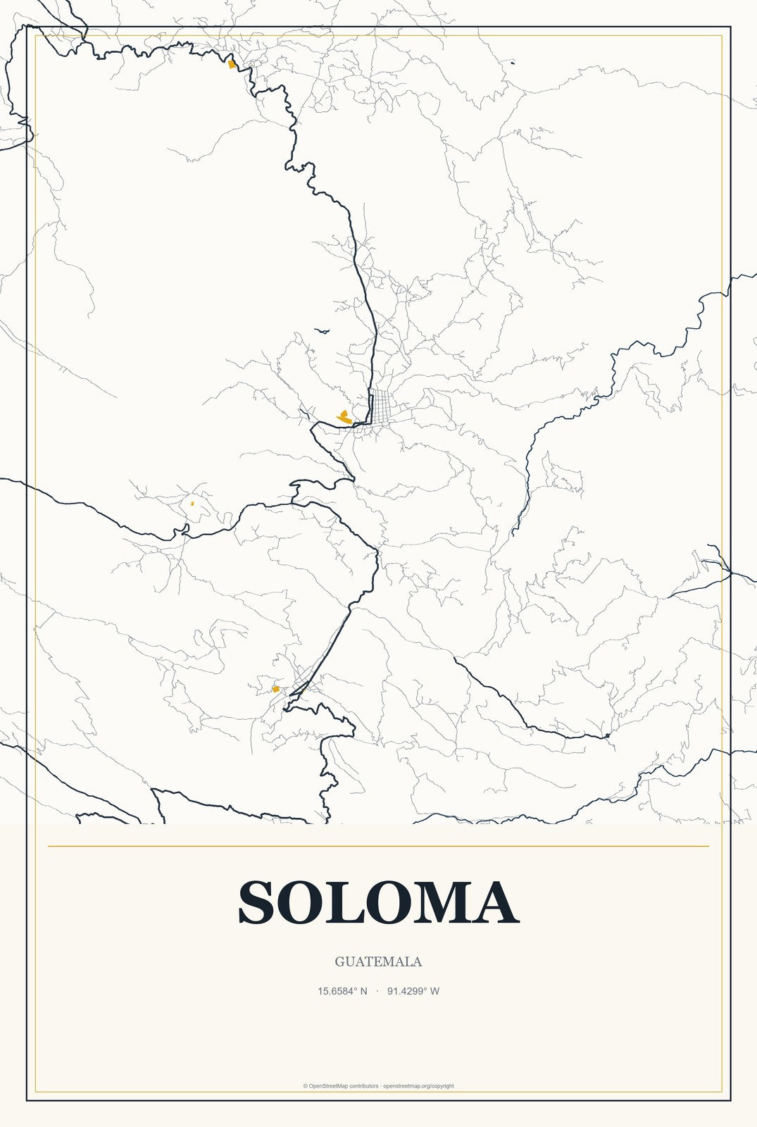 Soloma, Guatemala City Map Aluminum Sign in Citrine Modern style
