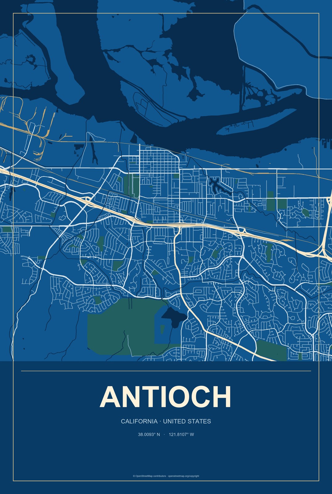 Antioch, California City Map Aluminum Sign in Harbor Cobalt style