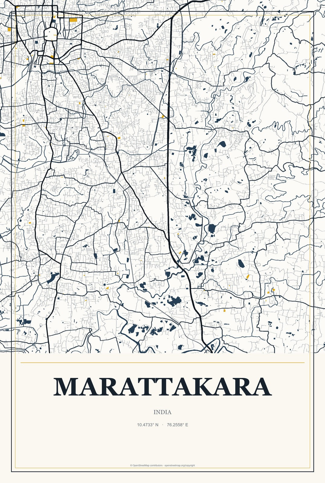 Marattakara, India City Map Aluminum Sign in Citrine Modern style