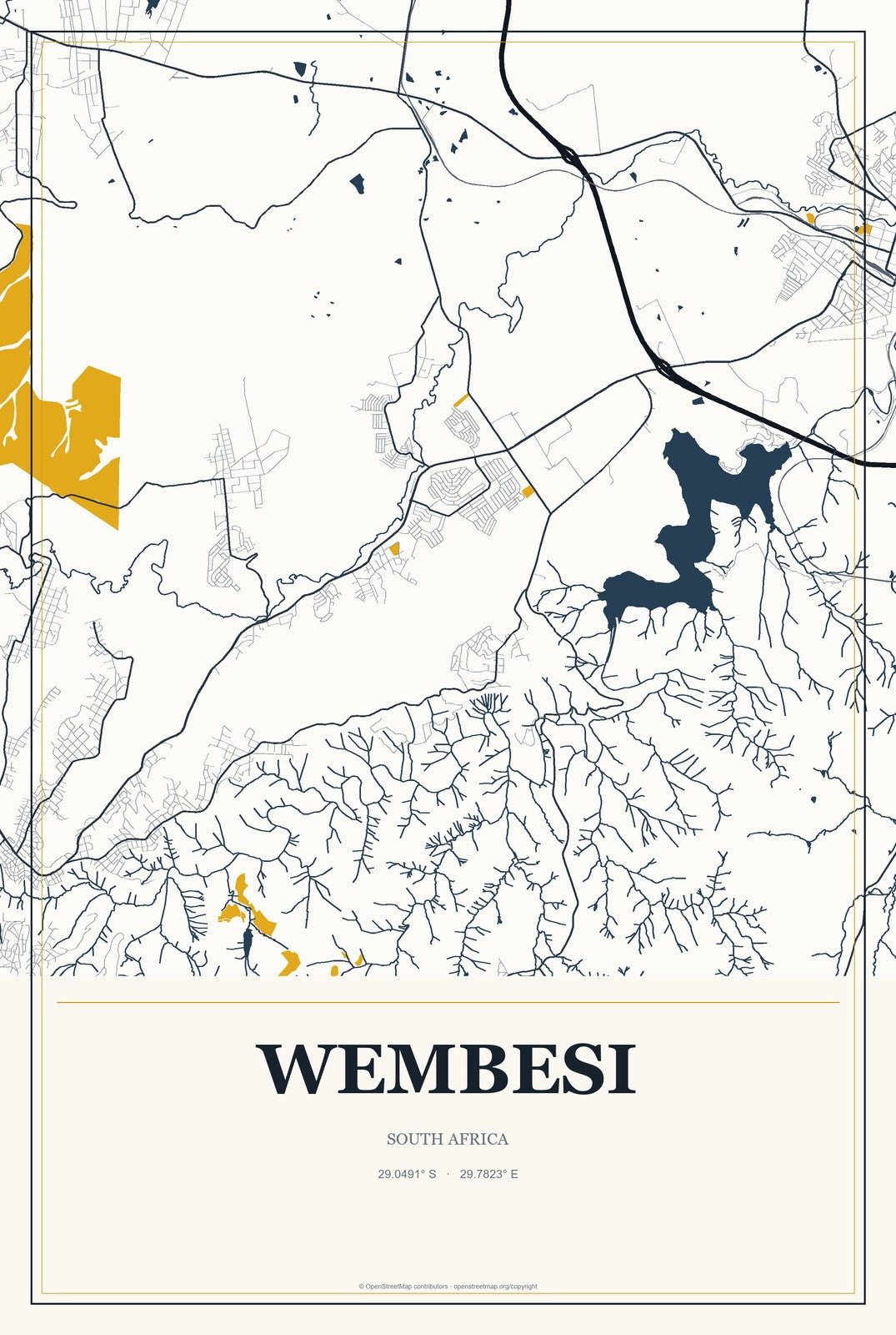 Wembesi, South Africa City Map Aluminum Sign in Citrine Modern style