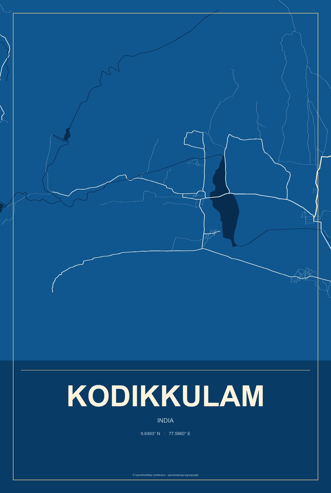Kodikkulam, India City Map Aluminum Sign in Harbor Cobalt style