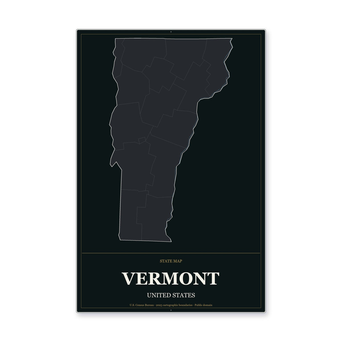 Vermont state map aluminum sign in Metropolitan Noir style