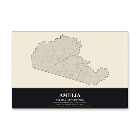 Amelia County, Virginia Map Aluminum Sign in Museum Plaque style