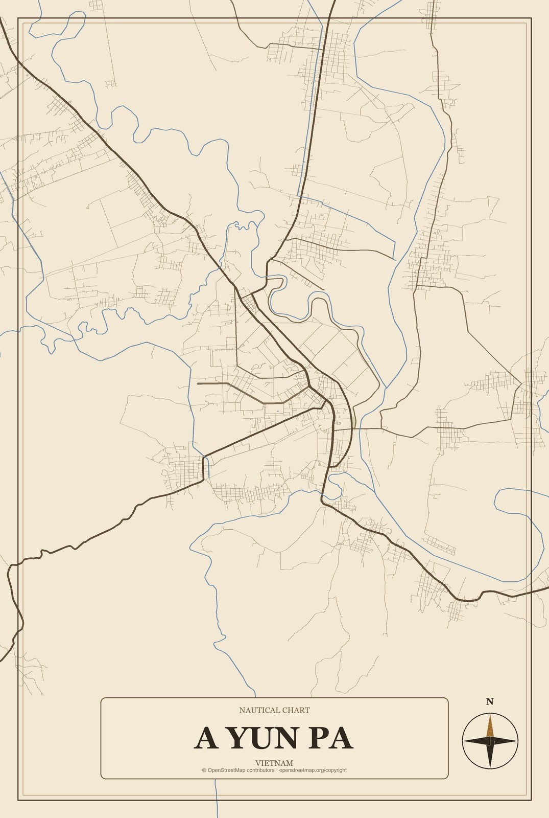 A Yun Pa, Vietnam City Map Aluminum Sign in Heritage Nautical style