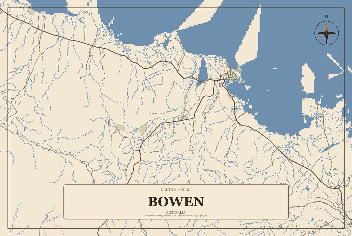 Bowen, Australia City Map Aluminum Sign in Heritage Nautical style