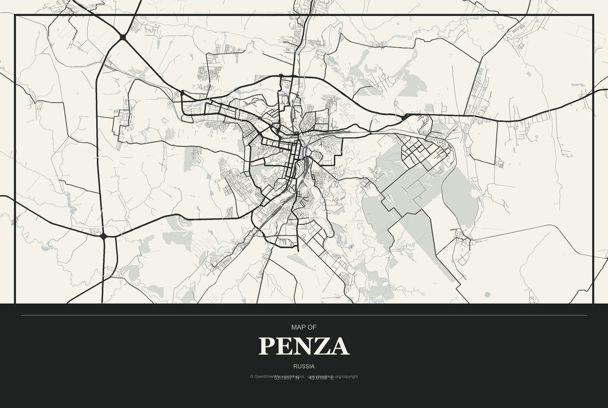Penza, Russia City Map Aluminum Sign in Museum Plaque style