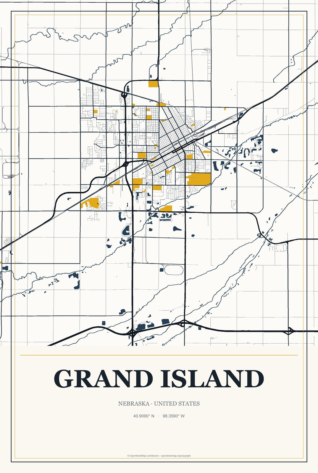 Grand Island, Nebraska City Map Aluminum Sign in Citrine Modern style